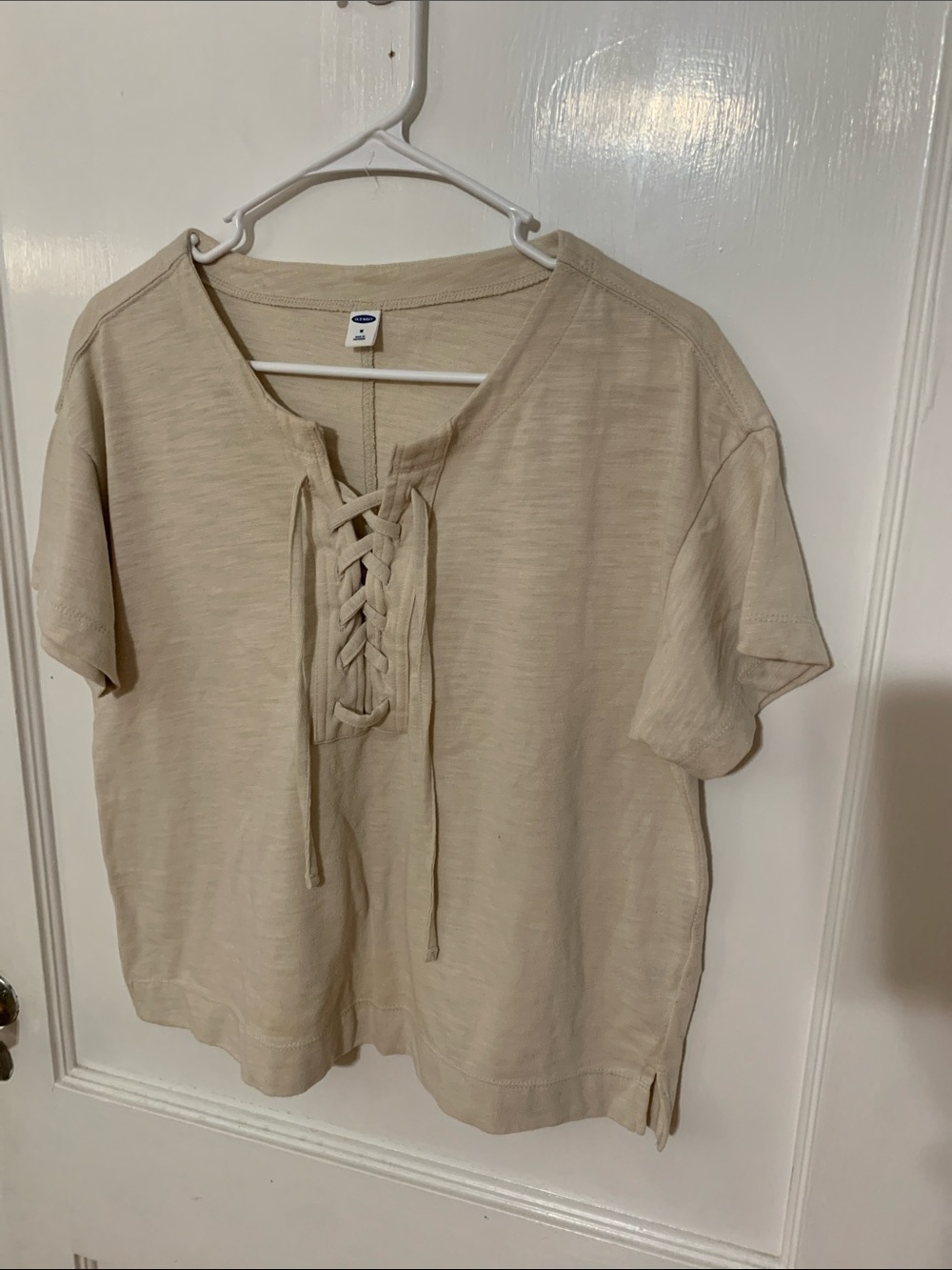 Old Navy Beige Lace-Up Short Sleeve Tee